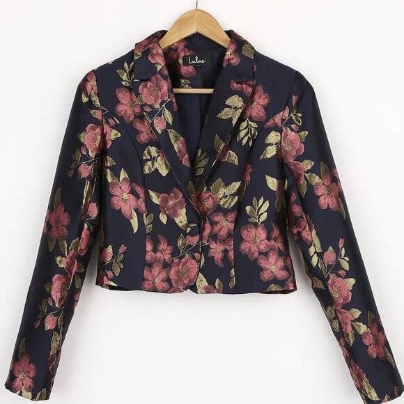 NWT Lulus Bloom Boldly Navy Blue Floral Satin Jacquard Cropped Blazer - Picture 5 of 11
